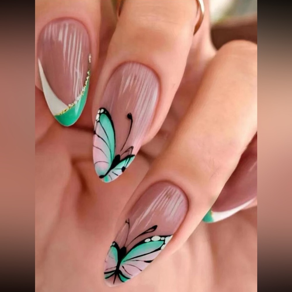24pcs Long Almond Butterfly Print Press On Nail Set❤️